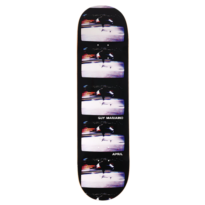 Skateboard deck with a black border and colorful graphic design on a white background