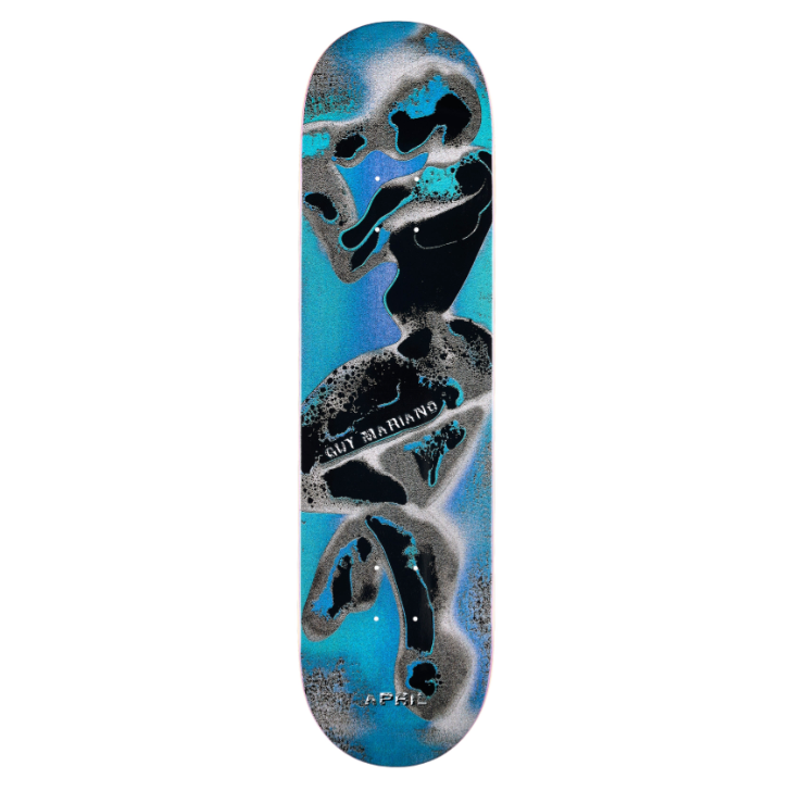 Skateboard deck with a black silhouette design on a blue background