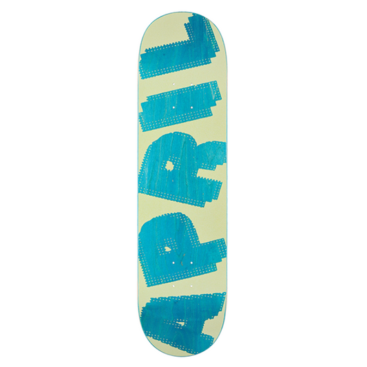 Skateboard deck with blue text on a light green background