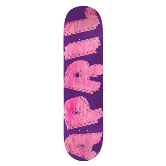 Purple skateboard deck with pink text on a white background