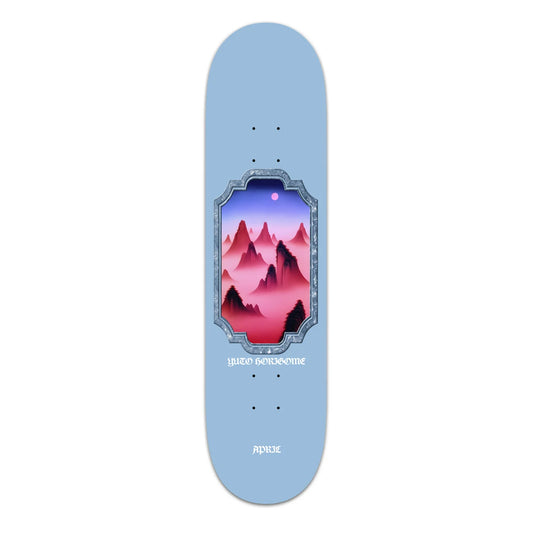 A light blue skateboard deck featuring a central graphic of stylized pink and purple mountains under a purple sky