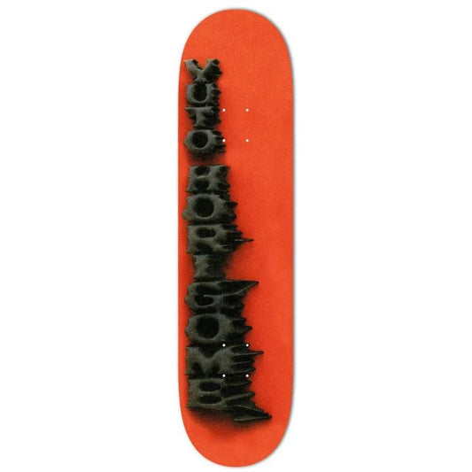 A skateboard deck featuring a vibrant orange background with a large, stylized black graphic spelling 'Skateboard' vertically on the underside.