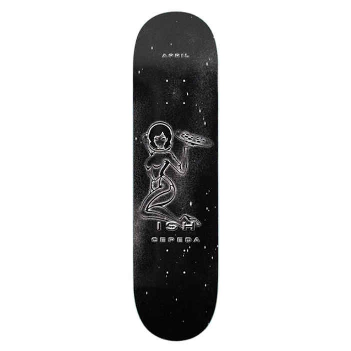 Black skateboard deck with white graphics on a white background