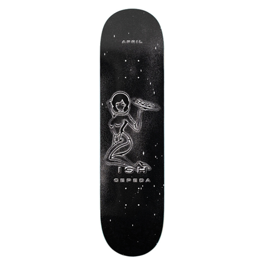 Black skateboard deck with white graphics on a white background