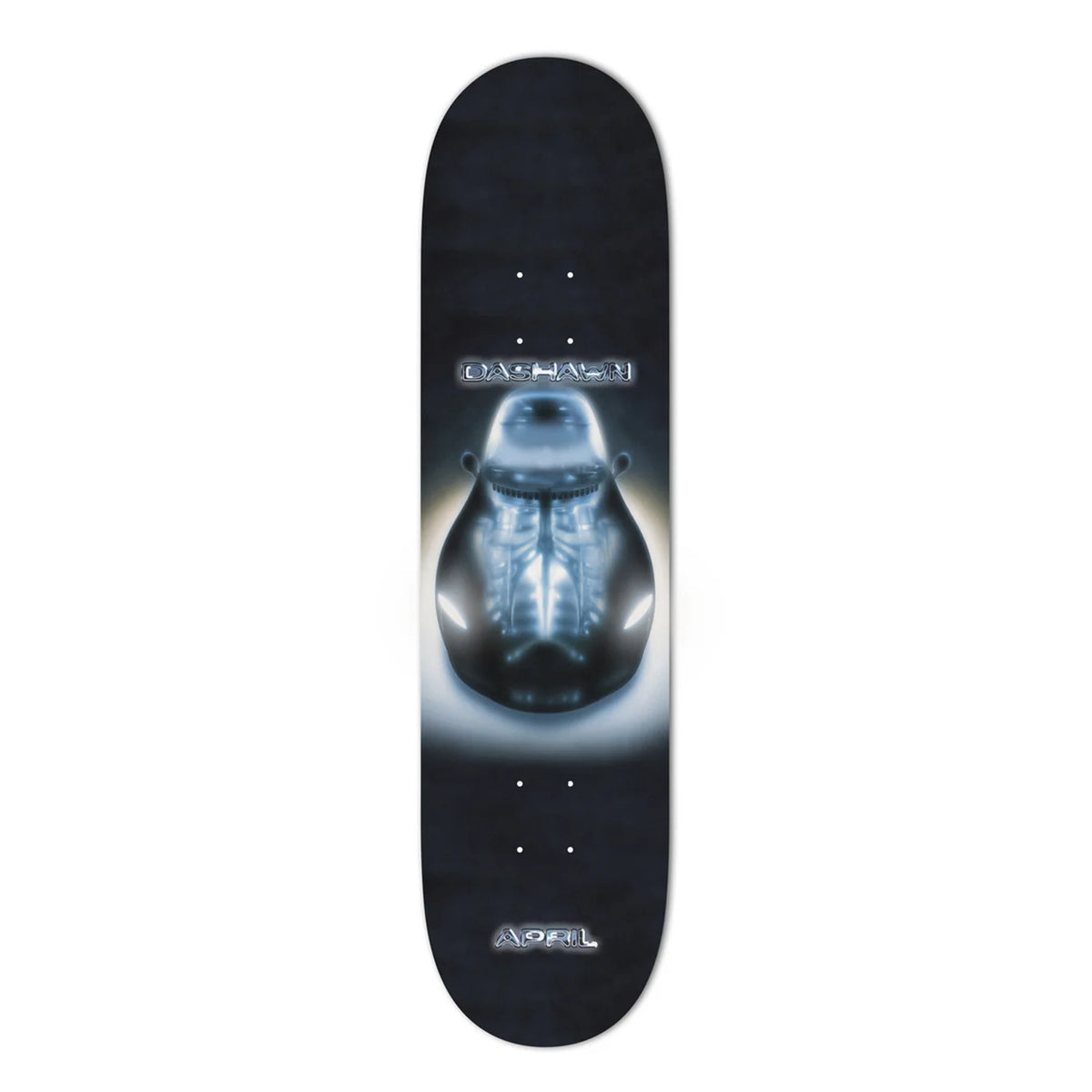 A skateboard deck shown vertically against a plain white background. The deck has a dark, near-black finish with a large central X-ray style graphic of a gorilla head in glowing blue and white tones.
