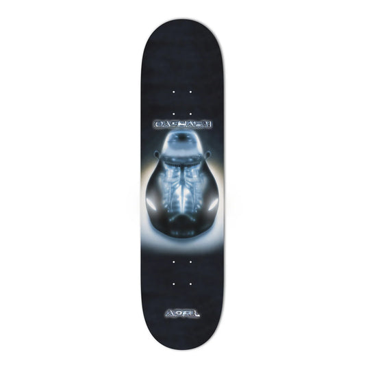 A skateboard deck shown vertically against a plain white background. The deck has a dark, near-black finish with a large central X-ray style graphic of a gorilla head in glowing blue and white tones.