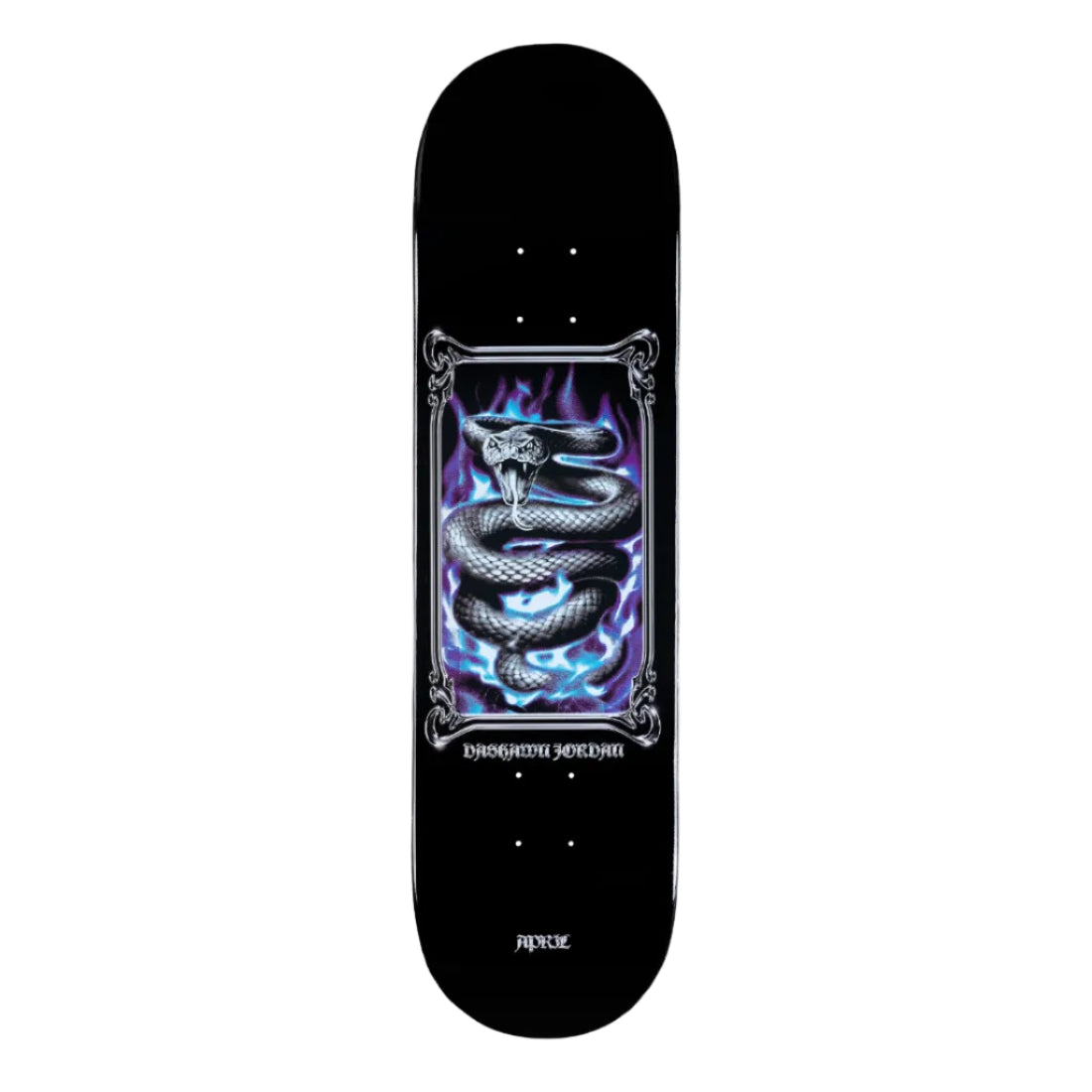 Skateboard deck with a snake design on a black background