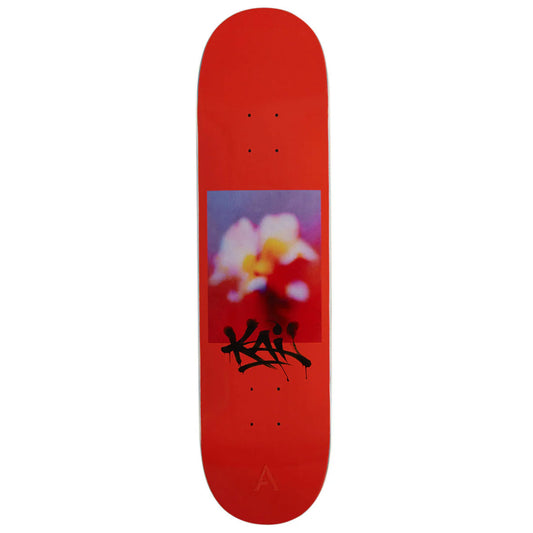 A red skateboard deck featuring a central graphic of a white and yellow flower on a purple background, with black graffiti-style lettering reading 'K411' below it.