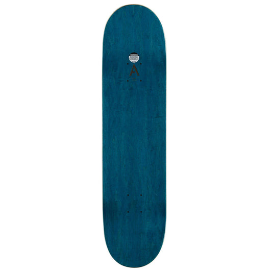 A teal blue wooden skateboard deck shown vertically against a plain white background.