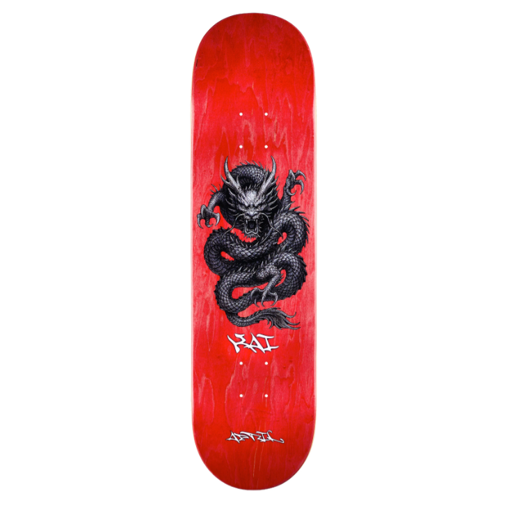 Red skateboard deck with a black dragon design on a white background