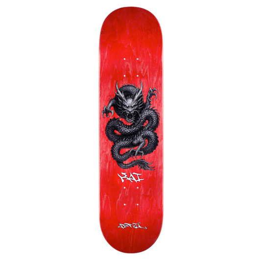 Red skateboard deck with a black dragon design on a white background