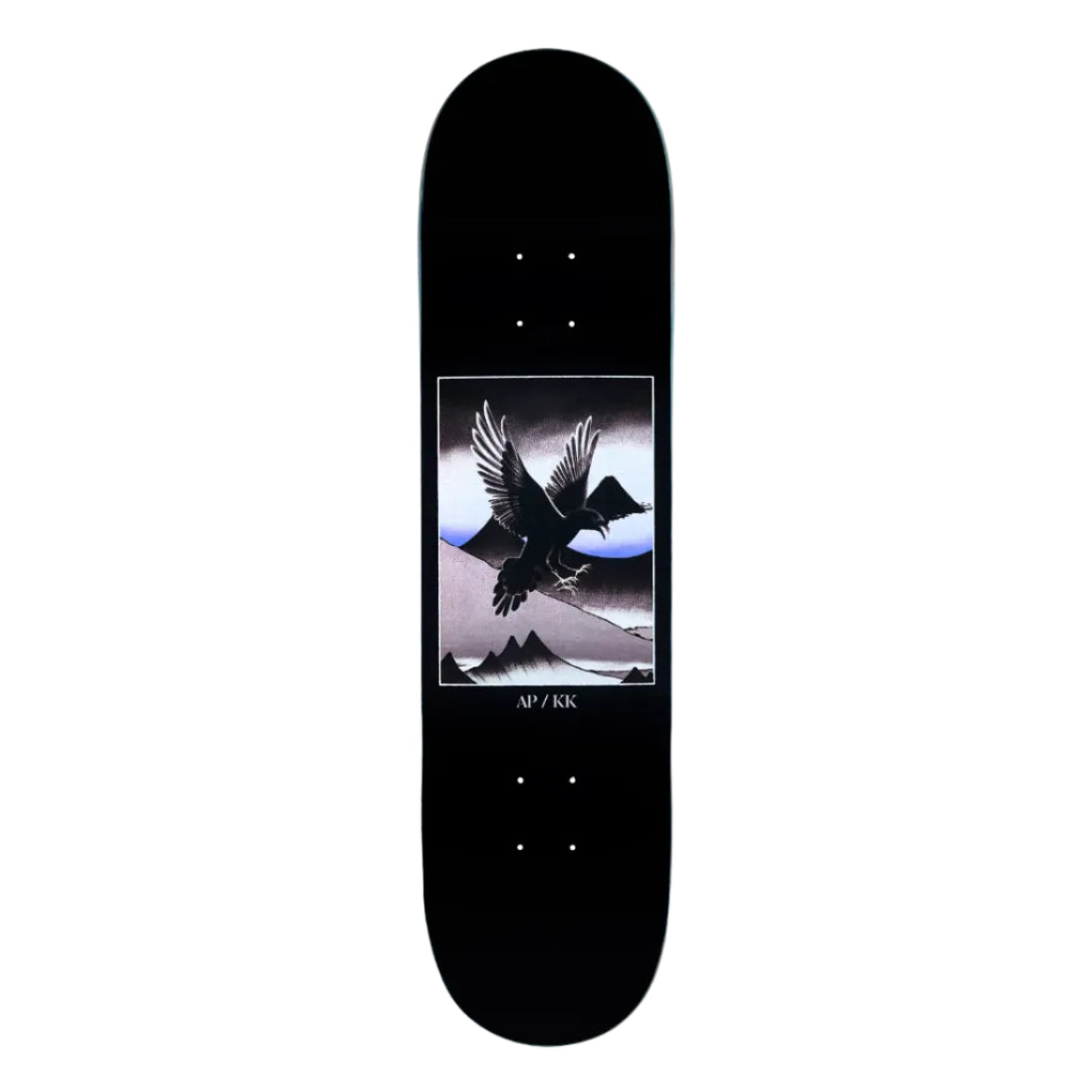 Skateboard deck with a black bird design on a white background
