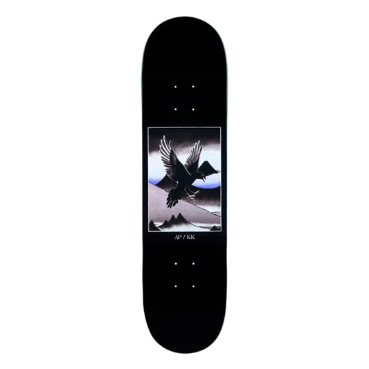 Skateboard deck with a black bird design on a white background