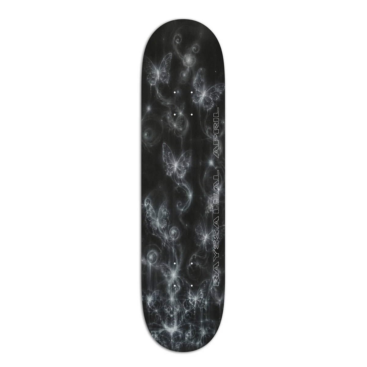 A skateboard deck with a black background featuring a white and gray cosmic design of swirling nebulae and glowing butterflies, with the brand name 'rayssa leal april' printed vertically on the right side.