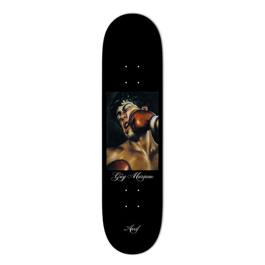 A black skateboard deck featuring a central graphic print of a boxing portrait with the text 'Guy Magana' and the brand 'Aosf' printed near the bottom.