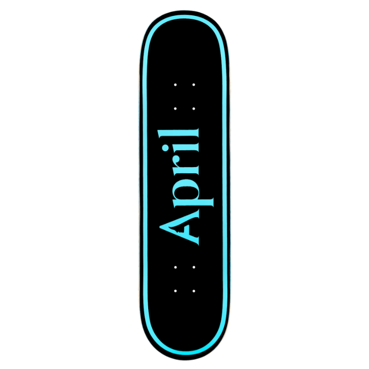 Skateboard deck with 'April' branding on a white background