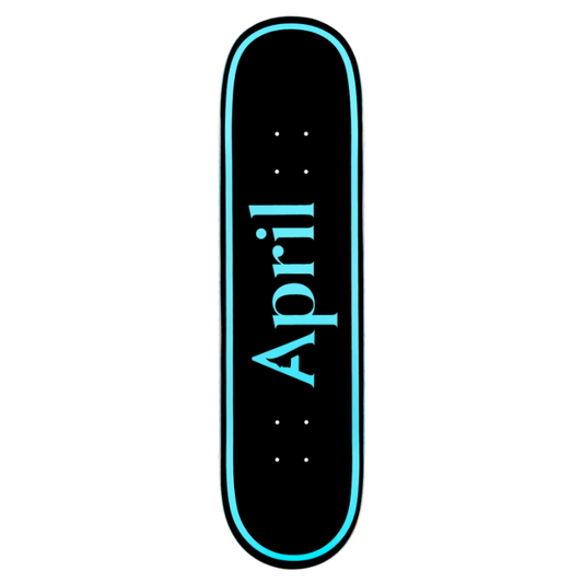 Skateboard deck with 'April' branding on a white background