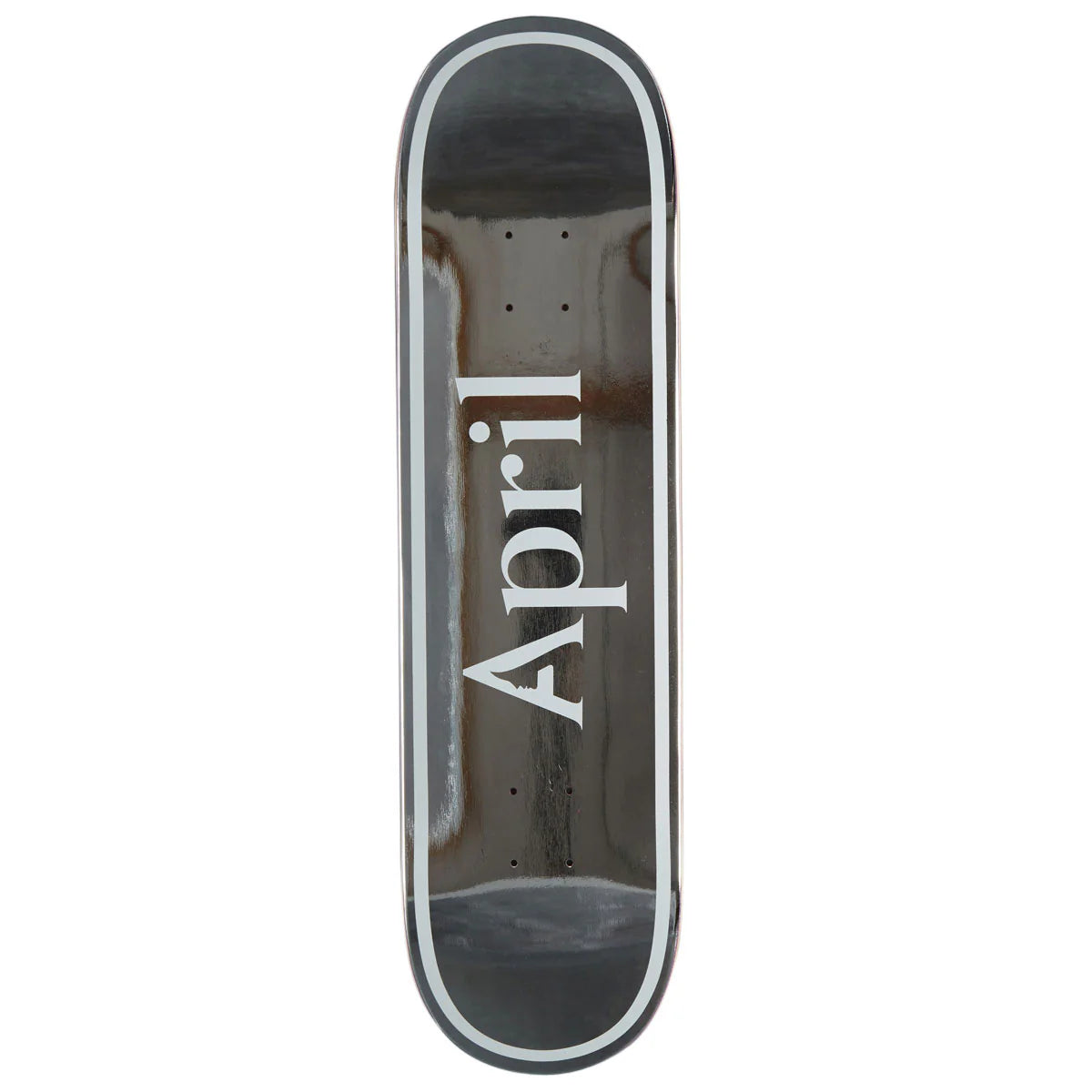 A skateboard deck shown vertically against a plain white background, featuring a dark brown wood-grain graphic with the brand name 'April' printed in large white letters.