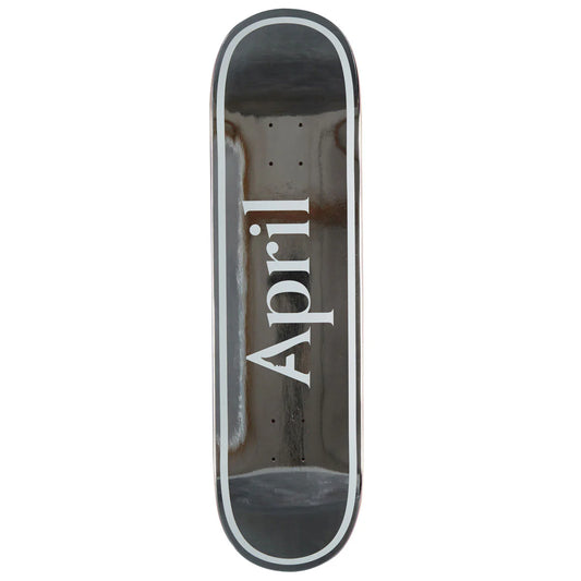 A skateboard deck shown vertically against a plain white background, featuring a dark brown wood-grain graphic with the brand name 'April' printed in large white letters.