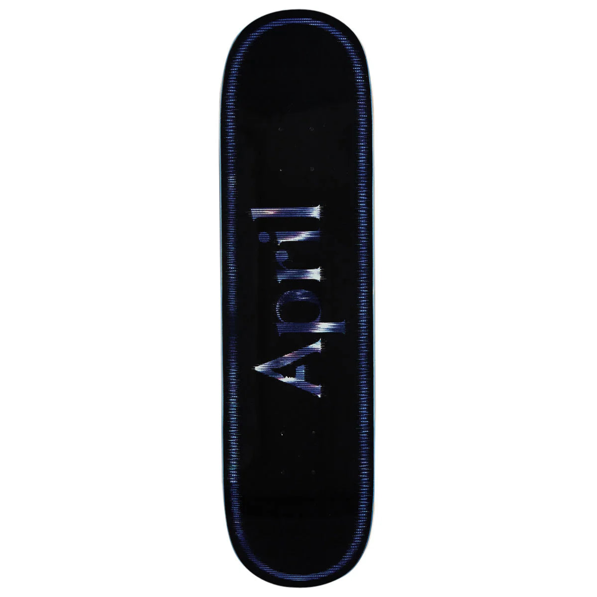 A skateboard deck featuring a black background with a blue textured border and the word 'April' printed vertically in a metallic silver and blue font.
