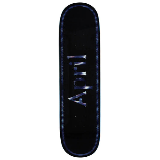 A skateboard deck featuring a black background with a blue textured border and the word 'April' printed vertically in a metallic silver and blue font.