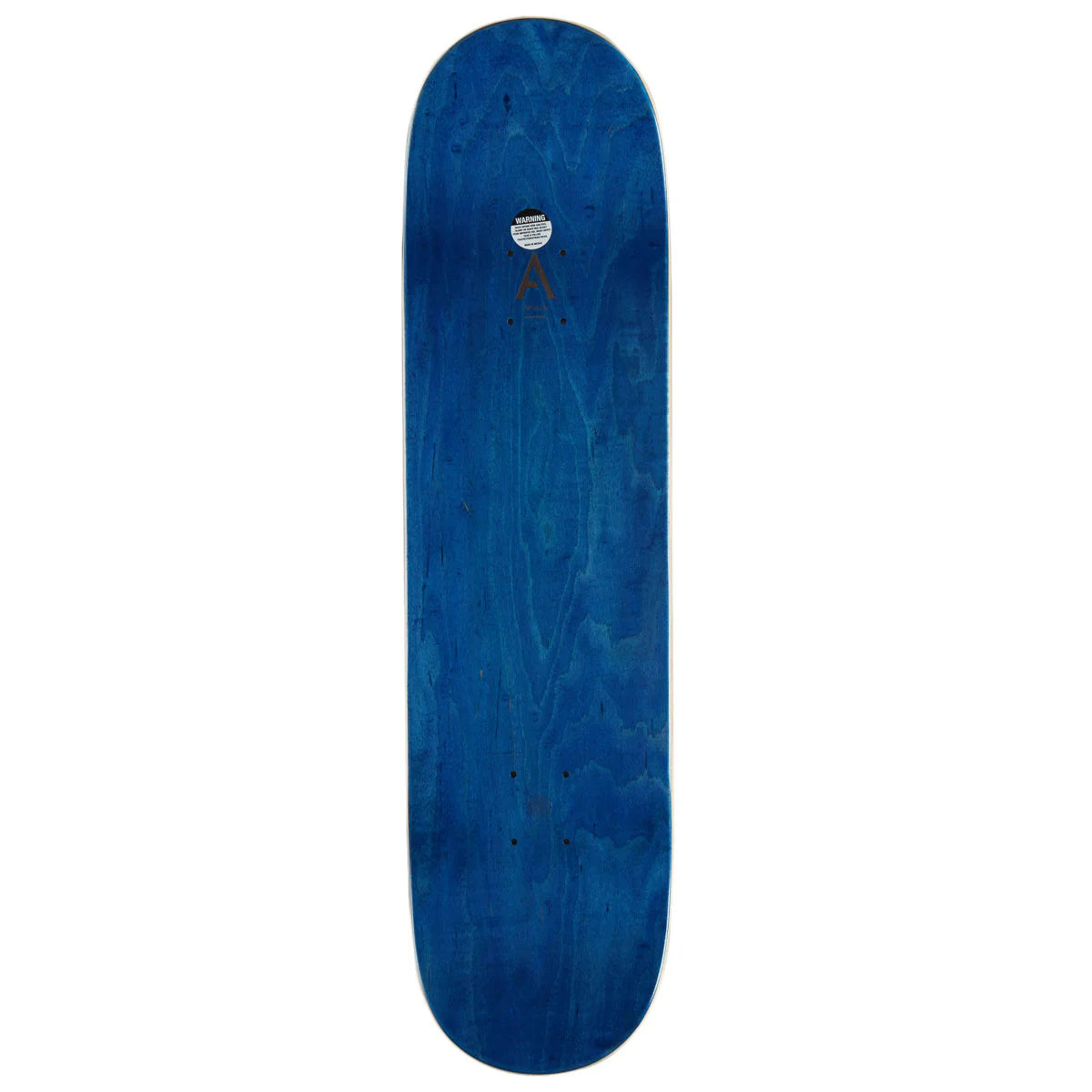 A blue wooden skateboard deck with visible natural wood grain patterns and a small white logo near the top, shown against a plain white background.