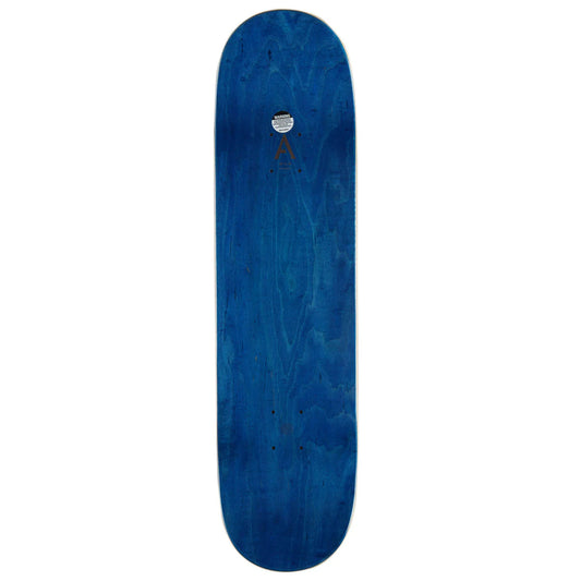 A blue wooden skateboard deck with visible natural wood grain patterns and a small white logo near the top, shown against a plain white background.