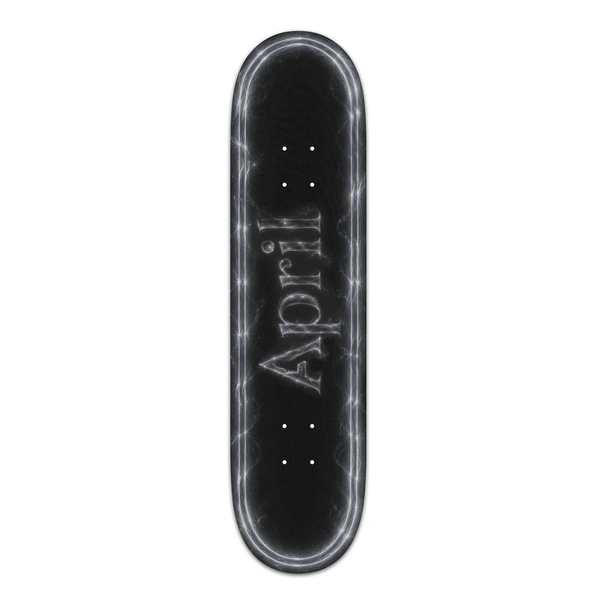 A skateboard deck shown vertically against a plain white background, featuring a black grip tape surface with a glowing white 'April' logo and subtle light effects.
