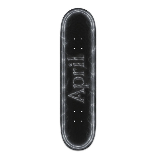 A skateboard deck shown vertically against a plain white background, featuring a black grip tape surface with a glowing white 'April' logo and subtle light effects.