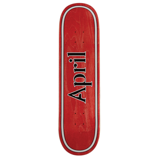Red skateboard deck with 'April' branding on a white background