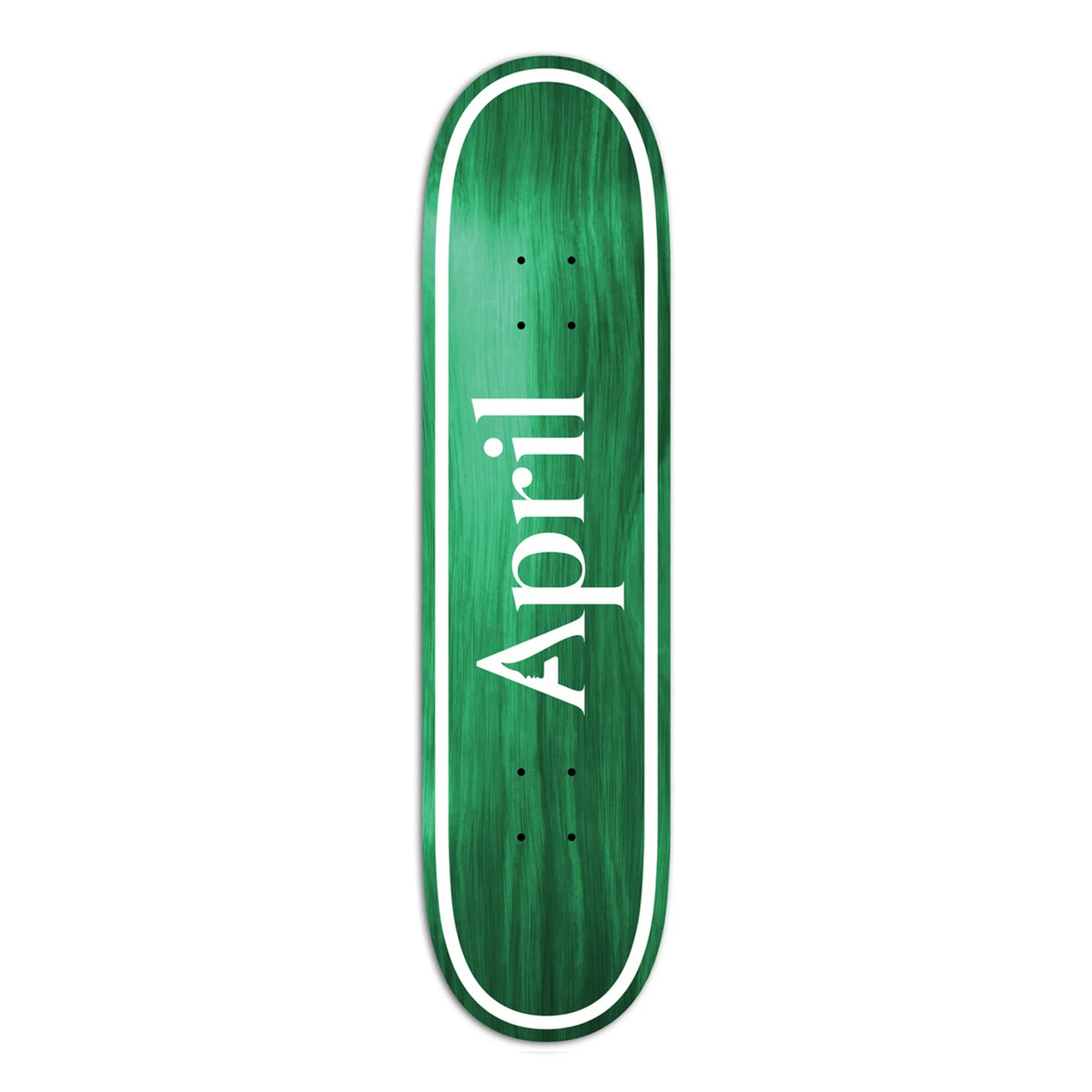 A green skateboard deck with a white border and the brand name 'April' printed vertically in white on a plain white background.