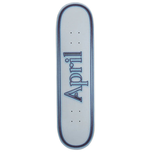 A skateboard deck blank with a white base, featuring the brand name 'April' printed vertically in blue with a red outline, and a dark blue double-line border.