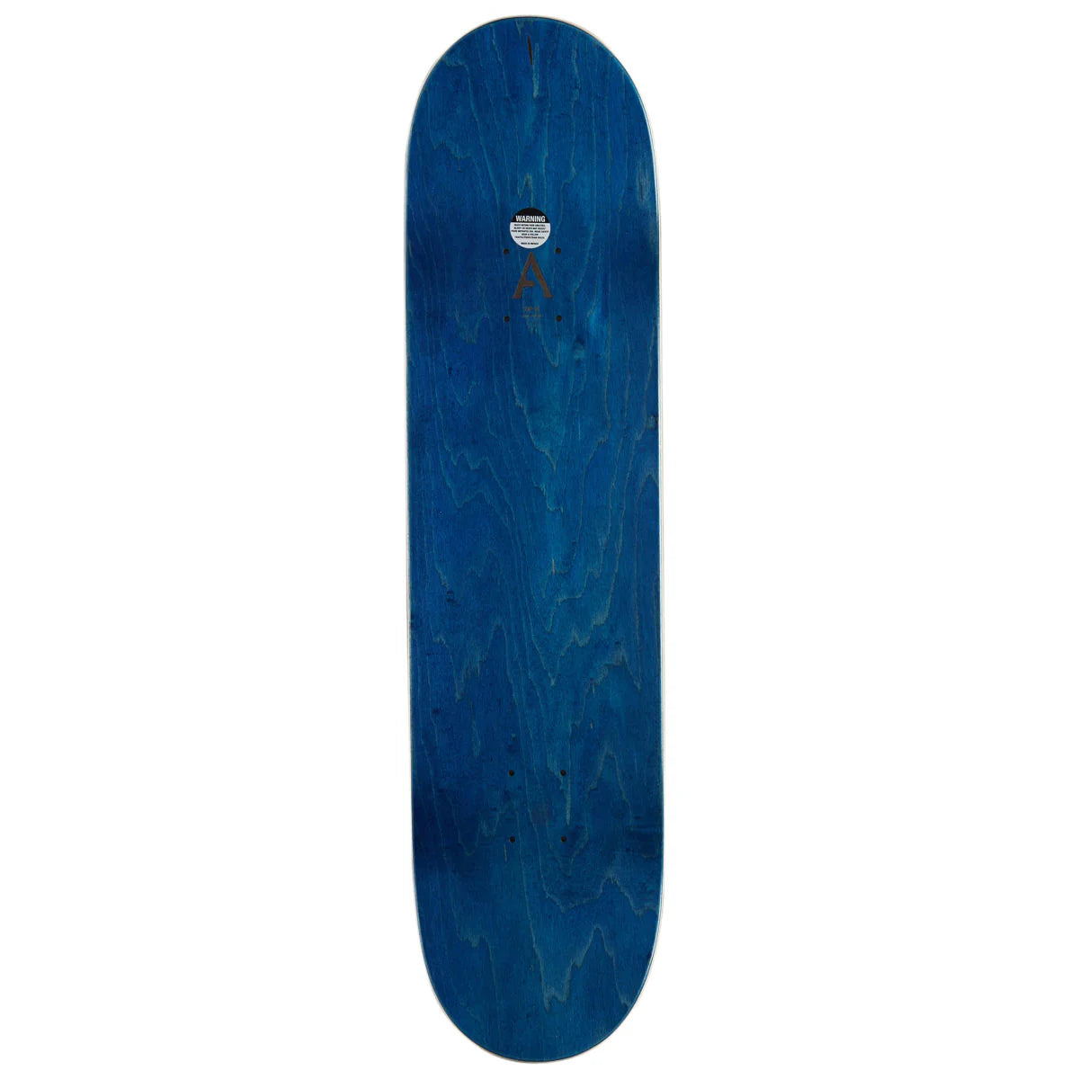 A skateboard deck with a dark blue wood grain finish, featuring a small white and black logo near the top center, shown against a plain white background.