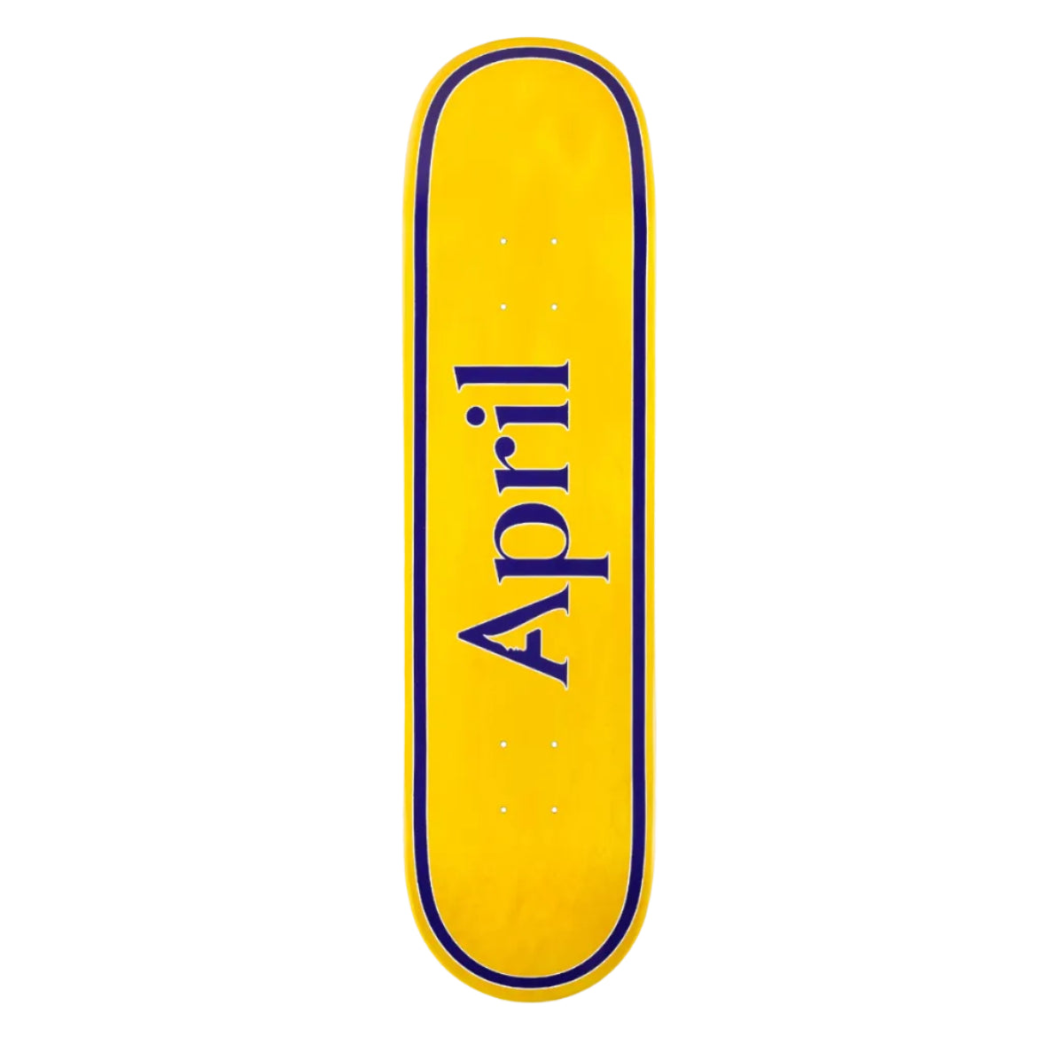 Yellow skateboard deck with 'April' branding on a white background