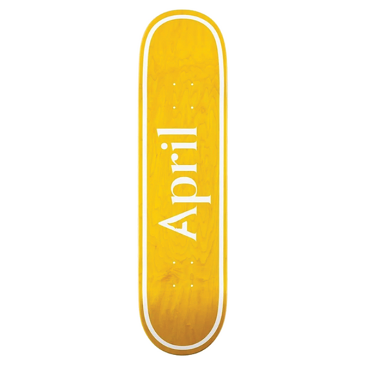 Yellow skateboard deck with 'April' branding on a white background