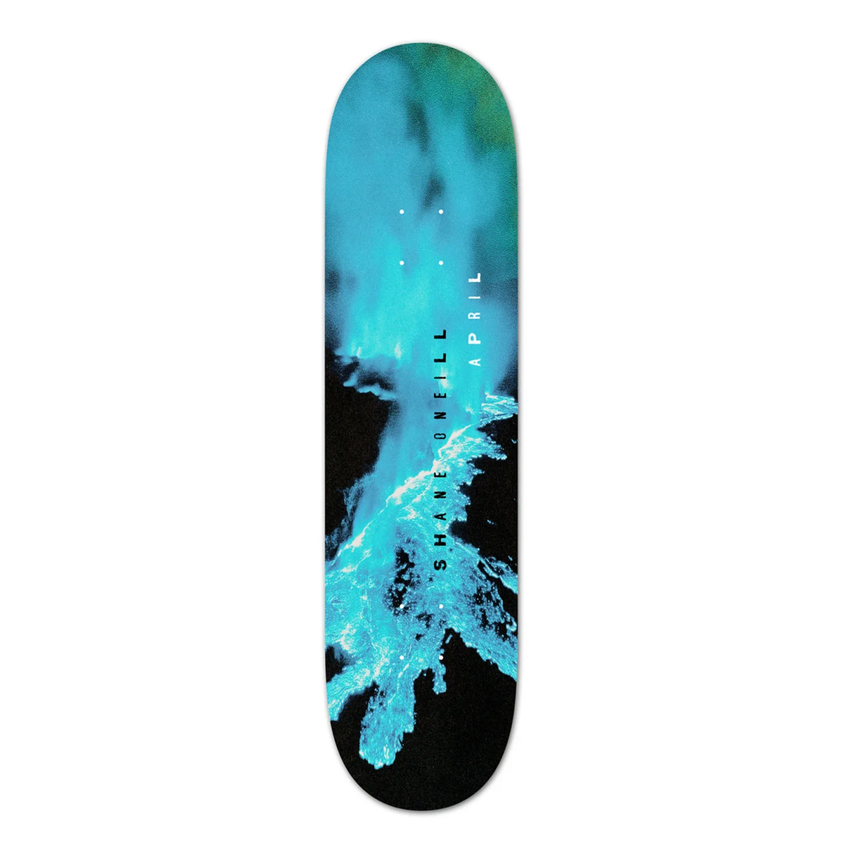 A skateboard deck featuring a graphic design with a black background and a vibrant turquoise and teal wave pattern, with the text 'shane oneill APRIL' printed vertically in white.