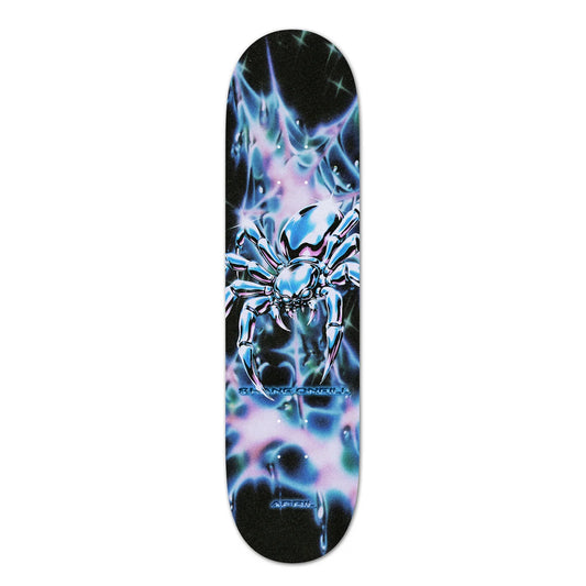 A skateboard deck featuring a detailed graphic of a metallic spider surrounded by blue and purple lightning effects on a black background.