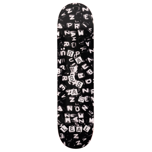 Black skateboard deck with white text pattern on a white background