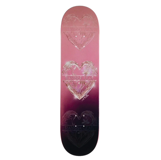 Skateboard deck with heart designs on a white background