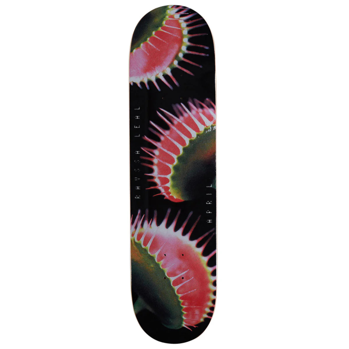 A skateboard deck featuring a graphic print of three Venus flytraps on a black background, with the brand name 'MURPH' printed vertically in white.
