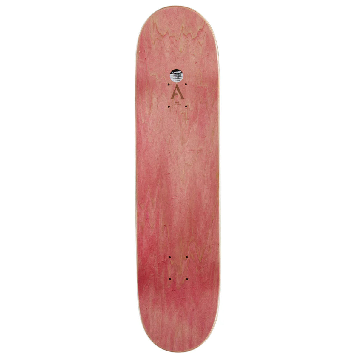 A skateboard deck with a natural pinkish-red stained wood grain finish, featuring a small wooden 'A' logo near the nose and grip tape on the underside, shown against a plain white background.