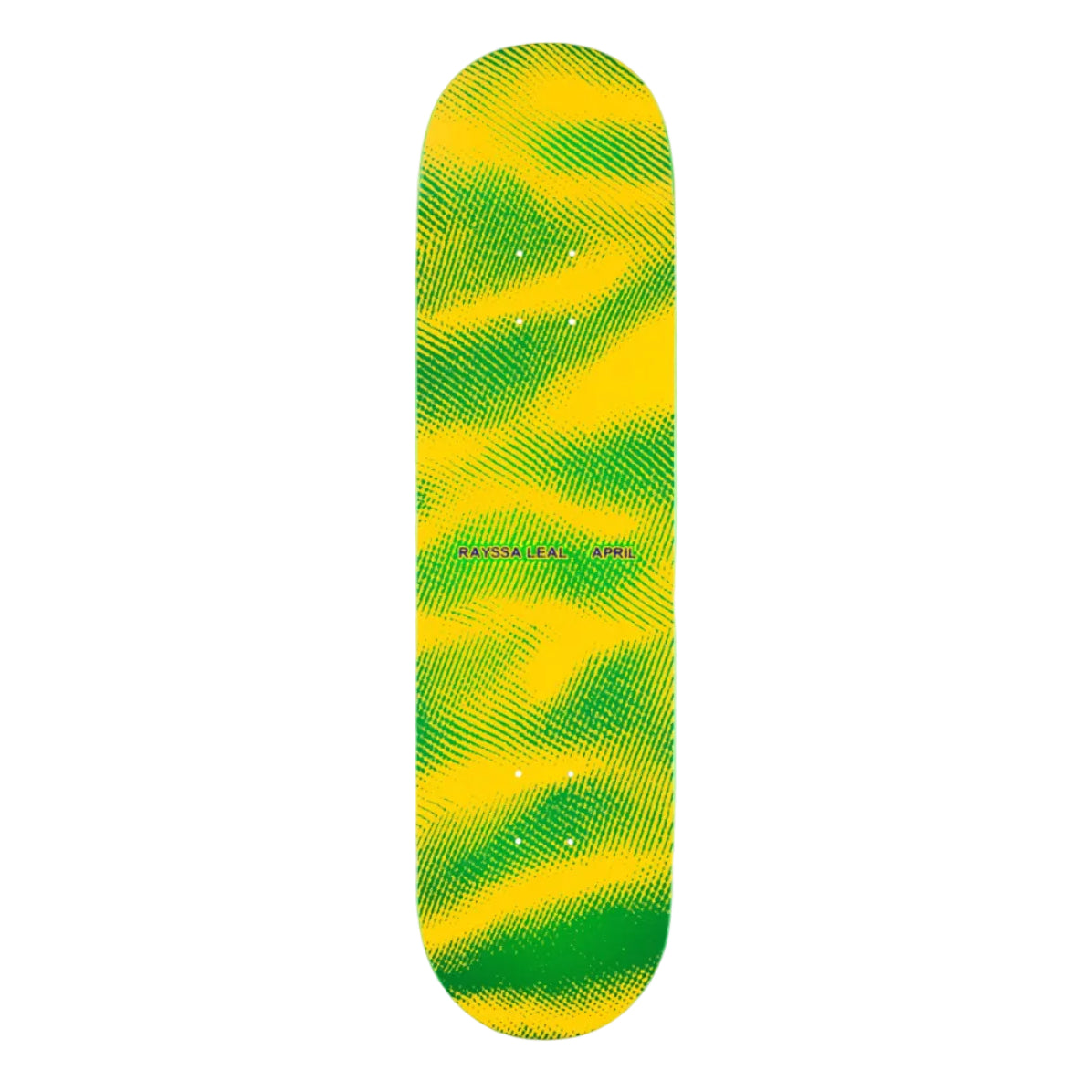 Skateboard deck with green and yellow striped pattern on a white background