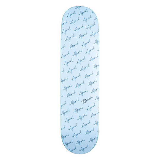 Light blue skateboard deck with text on a white background