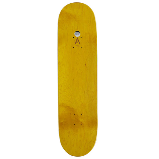A skateboard deck with a natural light brown wood grain finish, featuring a circular metal bearing plate and a stylized letter 'A' logo near the top, shown against a plain white background.