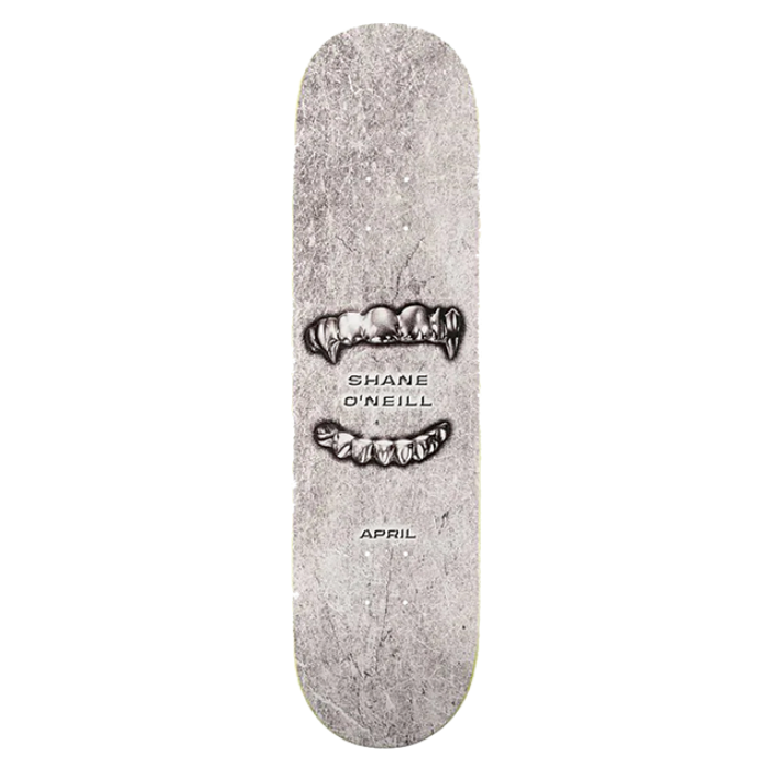 Skateboard deck with a graphic design on a white background