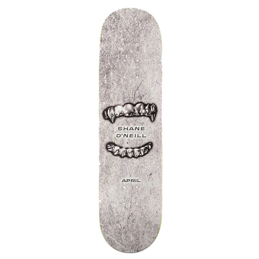 Skateboard deck with a graphic design on a white background