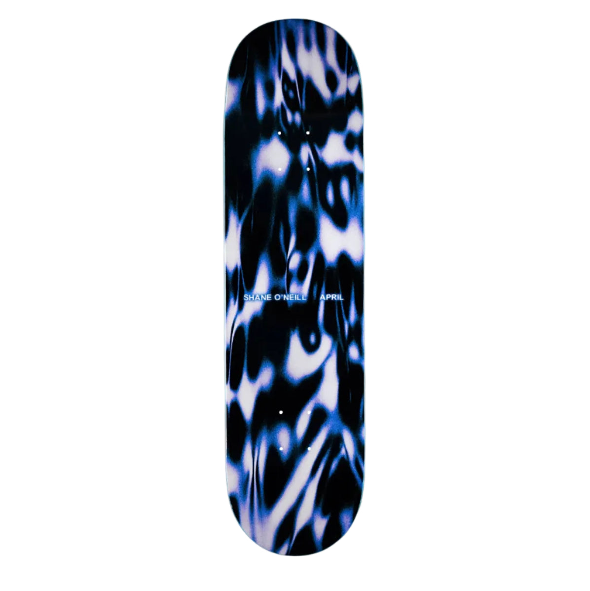Skateboard deck with blue and black abstract design on a white background