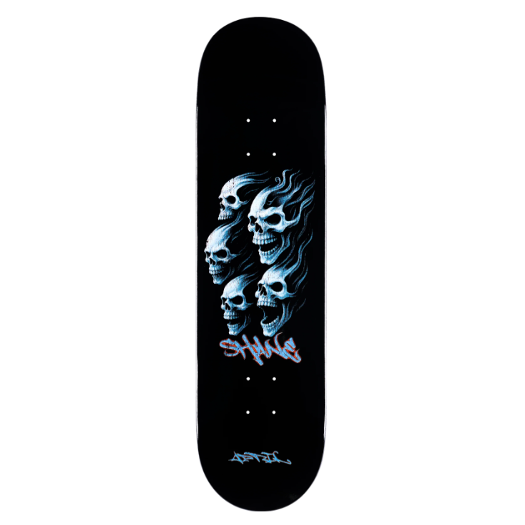 Skateboard deck with skull design and brand logo on a white background