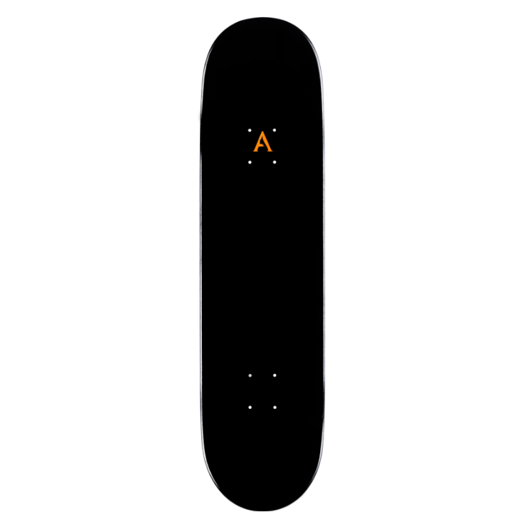 Black skateboard deck with a logo on a white background