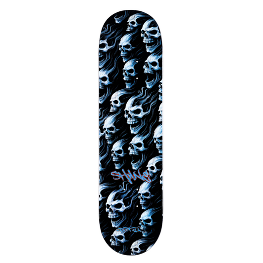 Skateboard deck with skull pattern on a white background